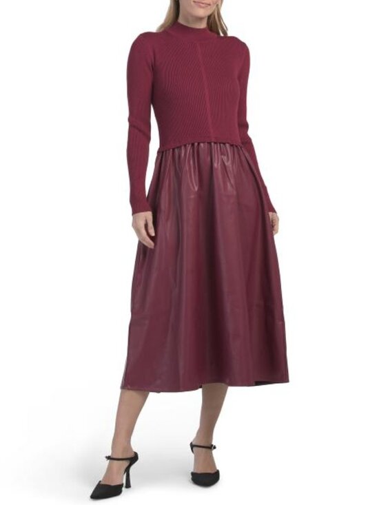 Nanette Lepore Dresses & Skirts - NANETTE NANETTE LEPORE Merlot Twofer Sweater Dress With Faux Leather Skirt